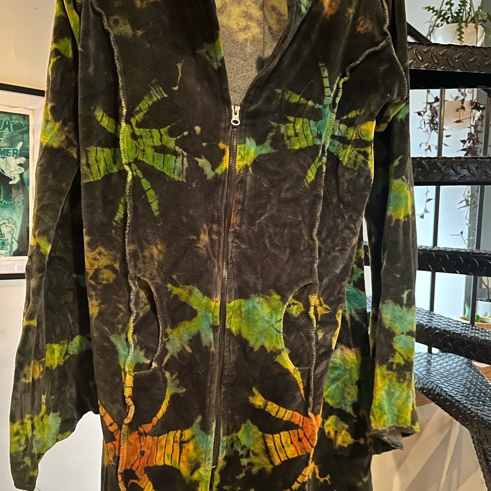 Kathmandu Tie-Dye Zip-Up Velour Hoodie with wizard sleeves and whimsical hood